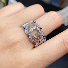 Wide Band 18K Gold Plated S925 Silver Ring Setting For Oval 6x8mm Colored Gemstone Mount