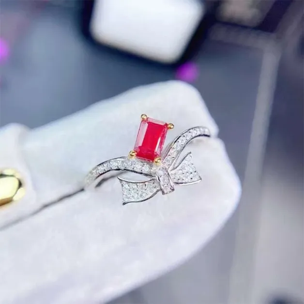 18K Dual-Tone S925 Silver Bow Ring Setting for 4x6mm Square Ruby/Tourmaline