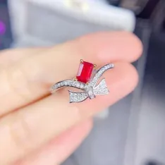 18K Dual-Tone S925 Silver Bow Ring Setting for 4x6mm Square Ruby/Tourmaline