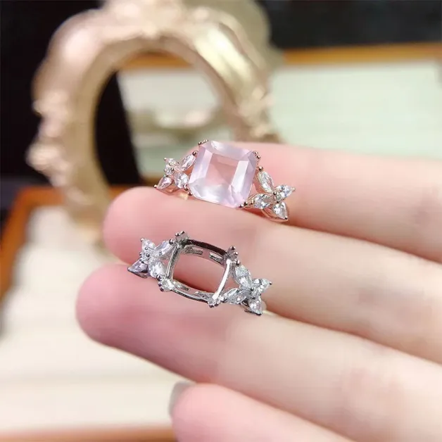 18K Gold Plated S925 Silver Ring Setting for 8x8mm Square Crystal/Topaz