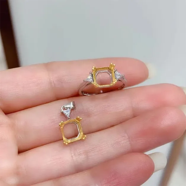 S925 18K Dual-Tone Gold Jewelry Set Adjustable Ring & Pendant for 8x8mm Square Gemstone/Jade