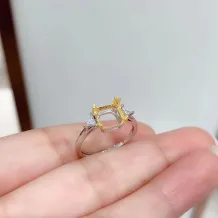 S925 18K Dual-Tone Gold Jewelry Set Adjustable Ring &amp; Pendant for 8x8mm Square Gemstone/Jade