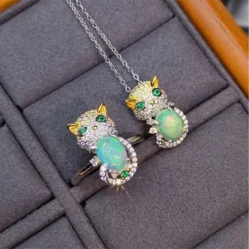 S925 18K Dual-Tone Gold Jewelry Set Cute Cat Design for 6x8mm Oval Gemstones